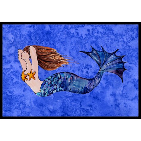 Carolines Treasures Brunette Mermaid On Blue Indoor and Outdoor Mat- 18 x 27 in. 8725MAT